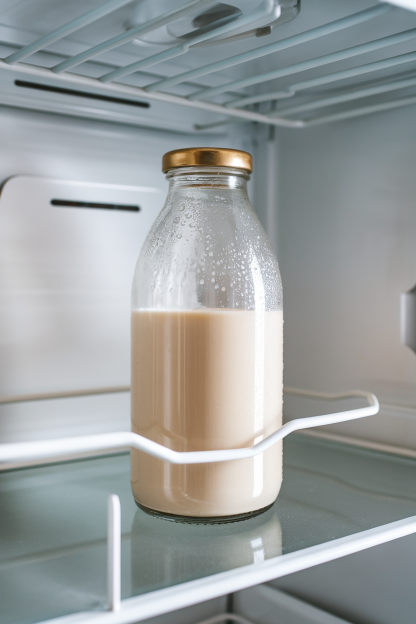 An indoor refrigerator door shelf containing an unbranded glass bottle of unsweetened almond milk, condensation visible, no text or logos.
