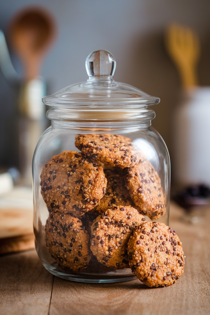 An indoor cookie jar filled with round quinoa date breakfast cookies, one cookie leaning against the jar. Photo, no text or logos.