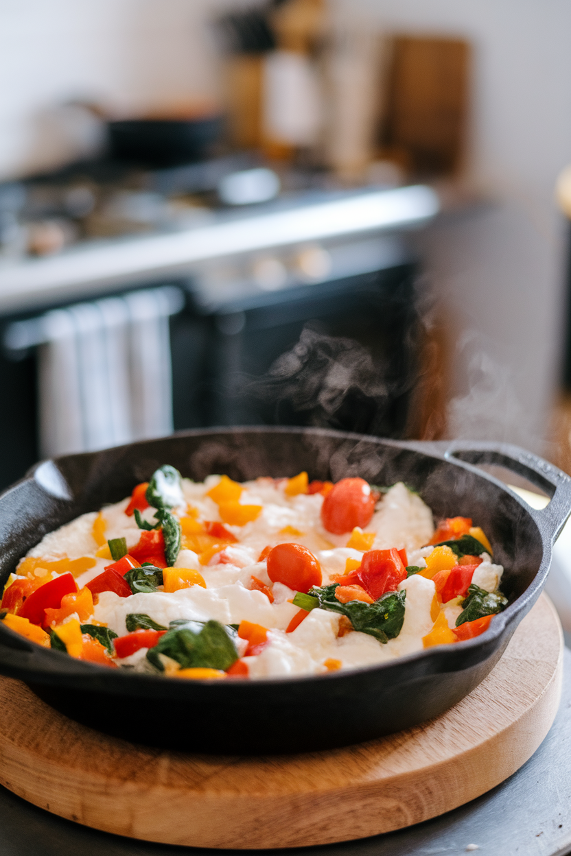 Indoor skillet photo showing fluffy egg whites mixed with diced bell peppers, spinach, and cherry tomatoes, steam gently rising, no text or logos.