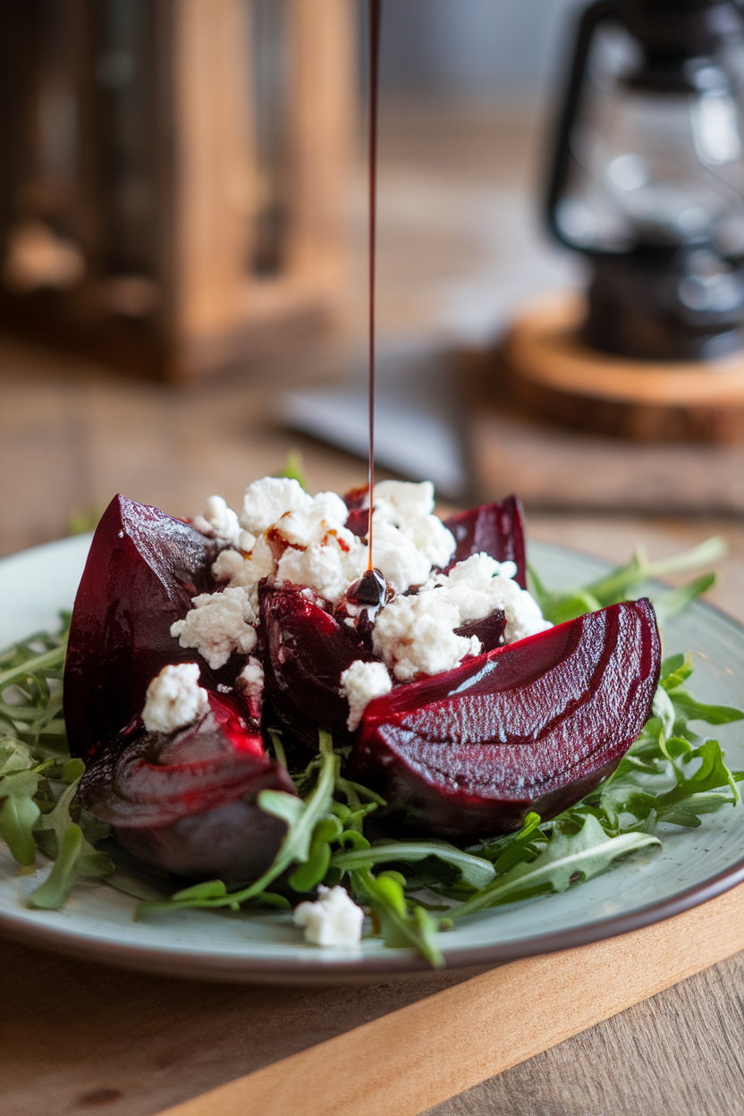 Indoor photo of jewel-toned roasted beet wedges with crumbled goat cheese on arugula, drizzle of balsamic, no text or logos