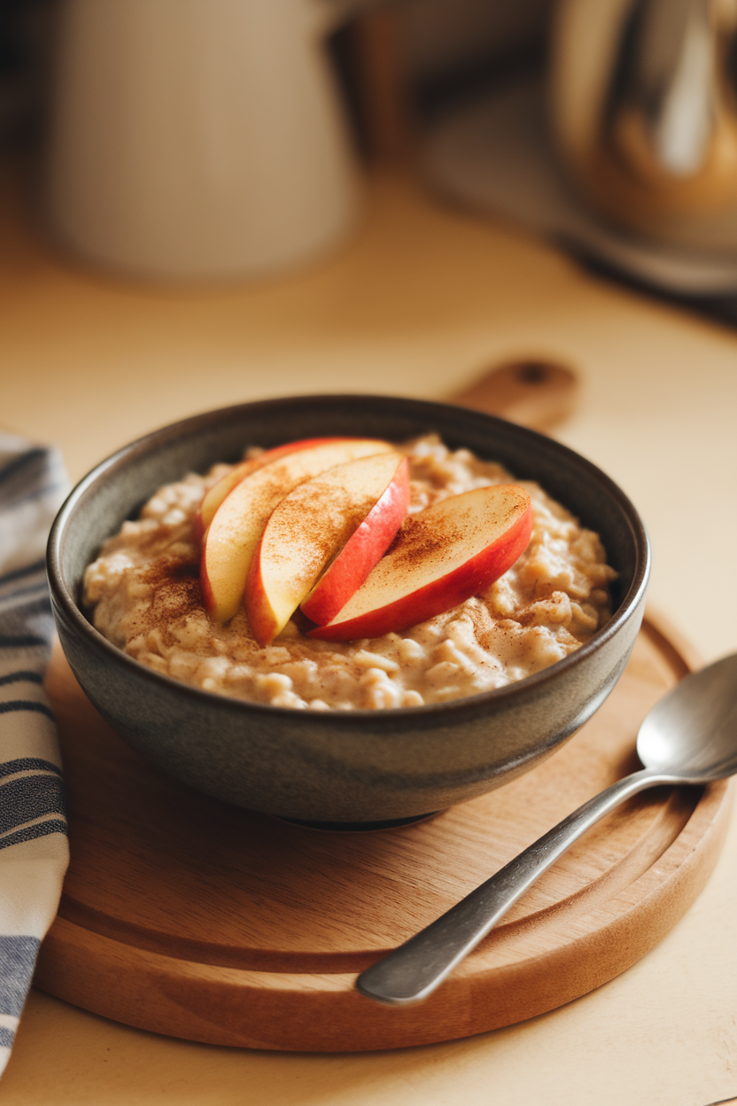 Photo of a bowl of steel-cut oats topped with sautéed apple slices and cinnamon, indoor breakfast setting, no text or logos