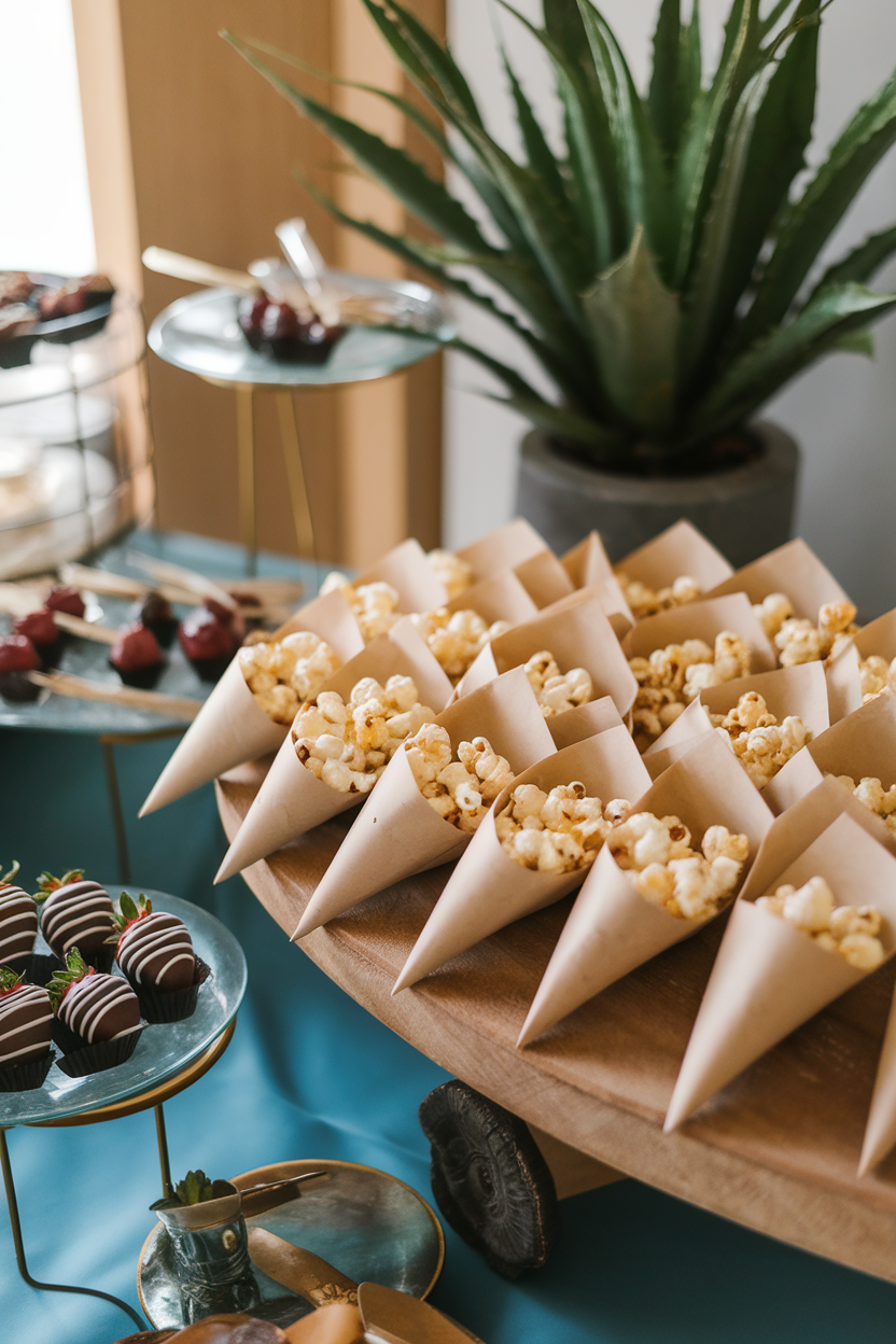 Photo of an indoor buffet showing parchment cones filled with truffle-salted popcorn, soft golden lighting, no logos or text.