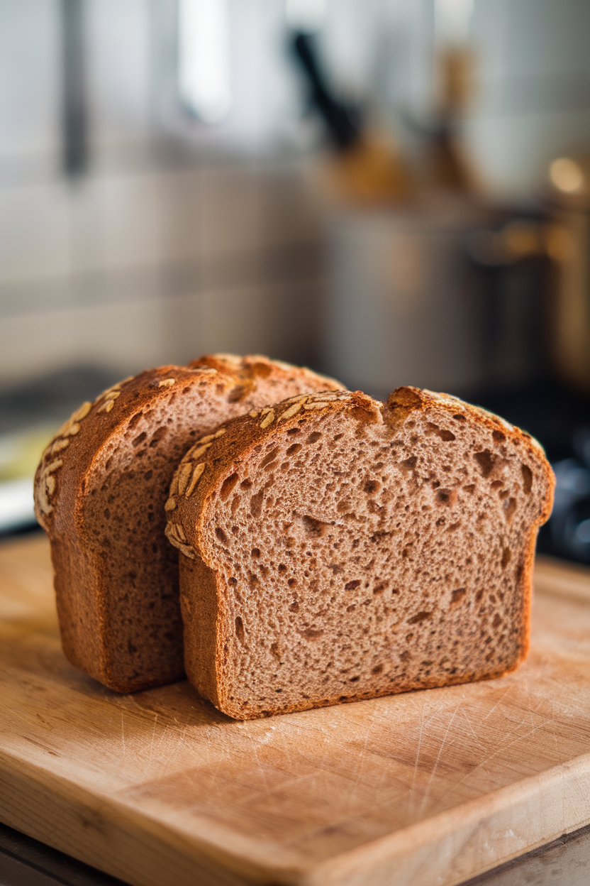 Two slices of whole-grain bread on a wooden cutting board indoors, seeds visible on crust; no text or logos; photo