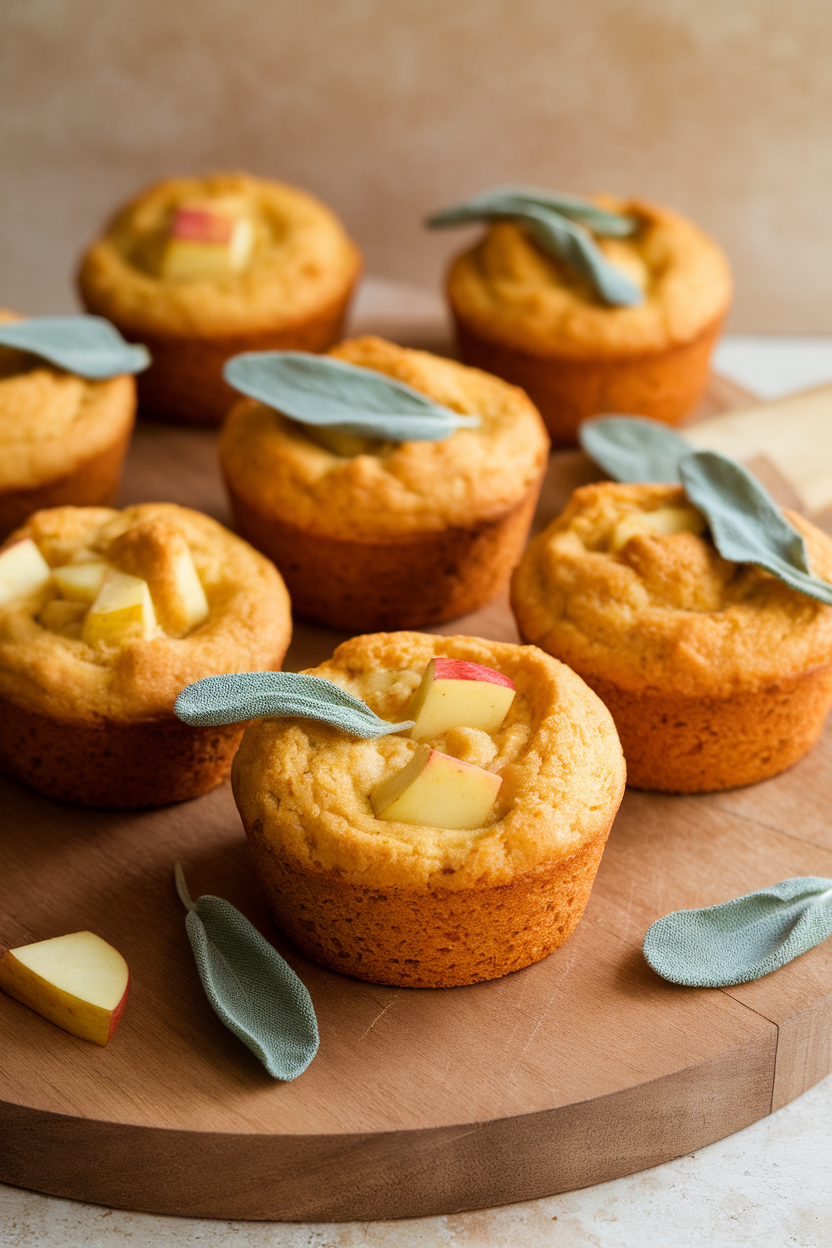 Indoor photo of cornbread muffins with apple chunks and sage leaves on a wooden board. No text or logos.