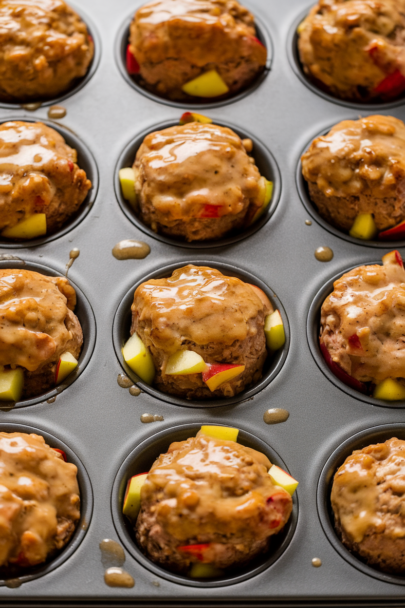 An indoor muffin tin filled with glazed mini turkey meatloaves, apple chunks peeking through. No text or logos.