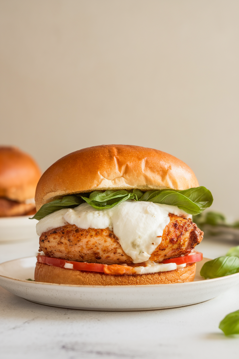Photo of a chicken burger stuffed with melted mozzarella, topped with basil leaves, indoors on a white plate; no text or logos; photo, not illustration