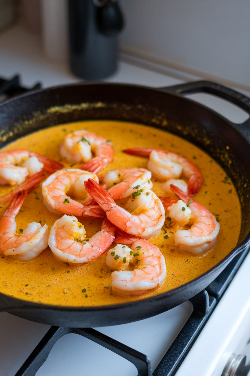 An indoor stovetop shot of a cast-iron skillet brimming with cooked shrimp in a creamy yellow coconut curry sauce, garnished with cilantro leaves. Steam is visible, and no text or logos appear. Photo, not illustration.