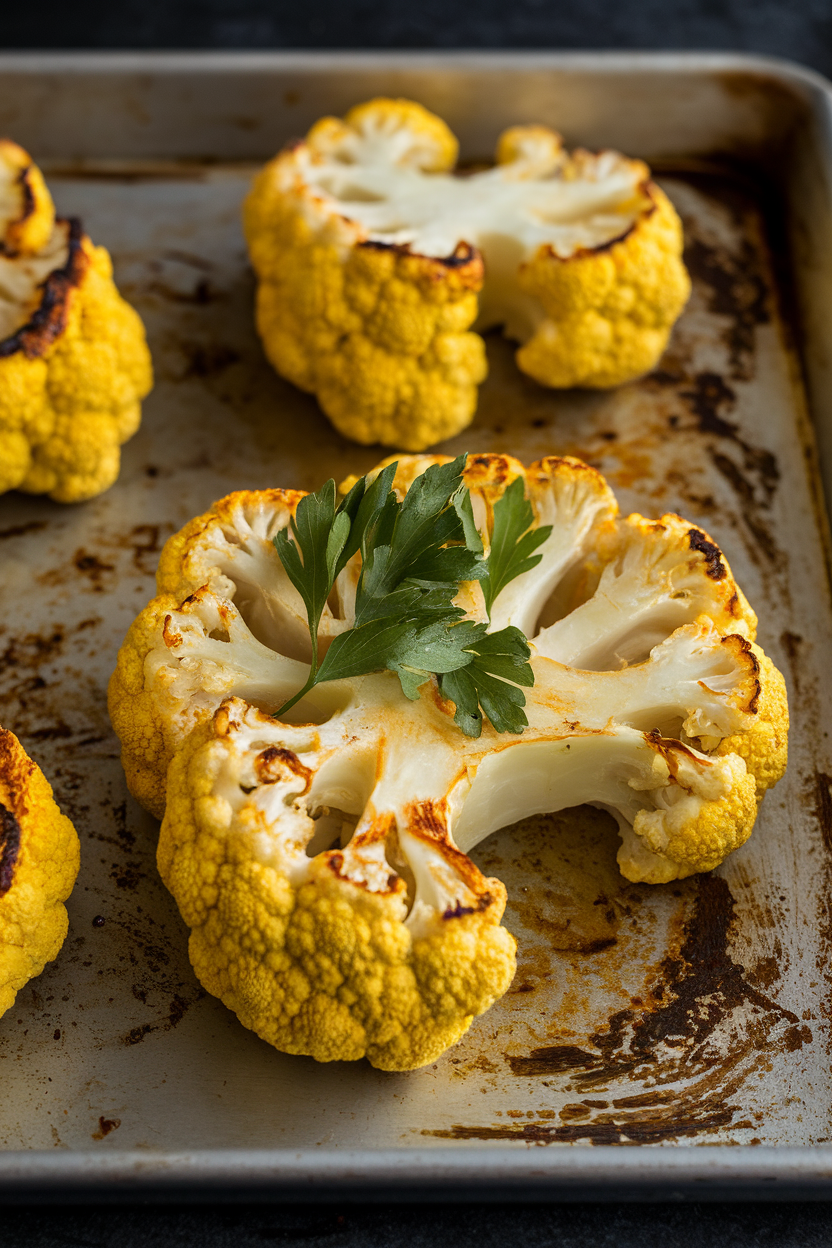 Indoor shot of thick cauliflower steaks on a metal baking sheet, golden from turmeric, with charred edges and parsley garnish. No text or logos. Photo only.