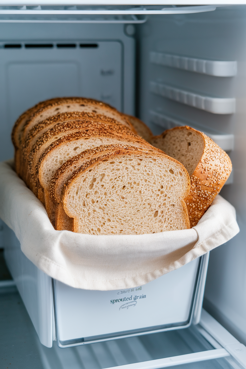 Photo, indoor refrigerator bread bin with slices of sprouted grain bread in a cloth bag, no text or logos.
