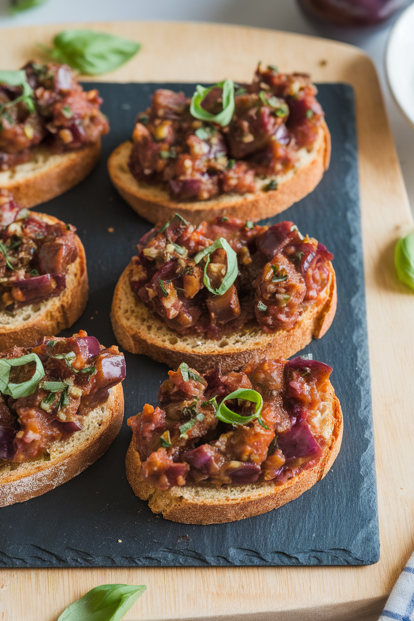 Indoor photo of whole-grain crostini topped with chunky eggplant caponata, garnished with basil ribbons, on a slate platter. No text or logos.