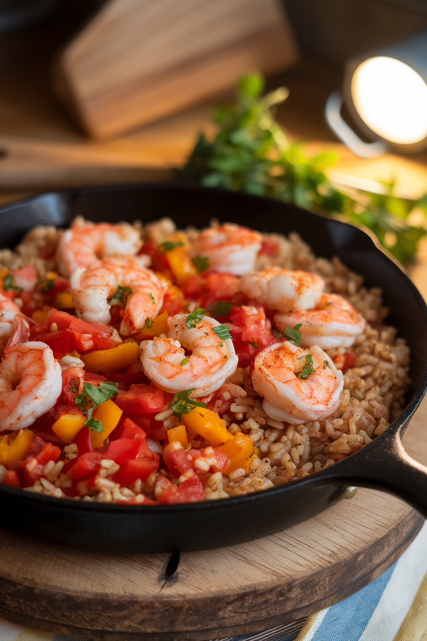 Indoor skillet photo of brown rice mixed with diced tomatoes, peppers, and Cajun-spiced cooked shrimp; rustic lighting, no text or logos.