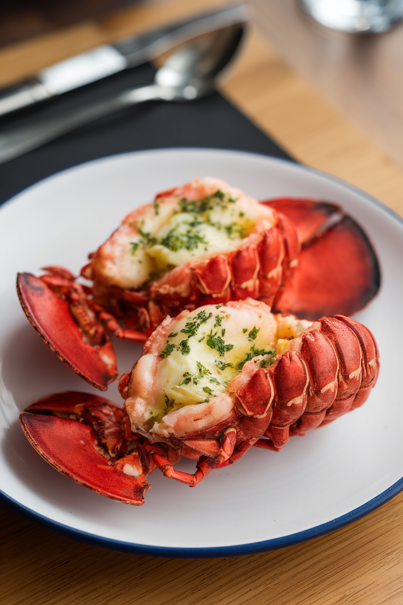An indoor white plate showing cooked lobster tails split open, herb butter melting inside, photo, no text or logos.