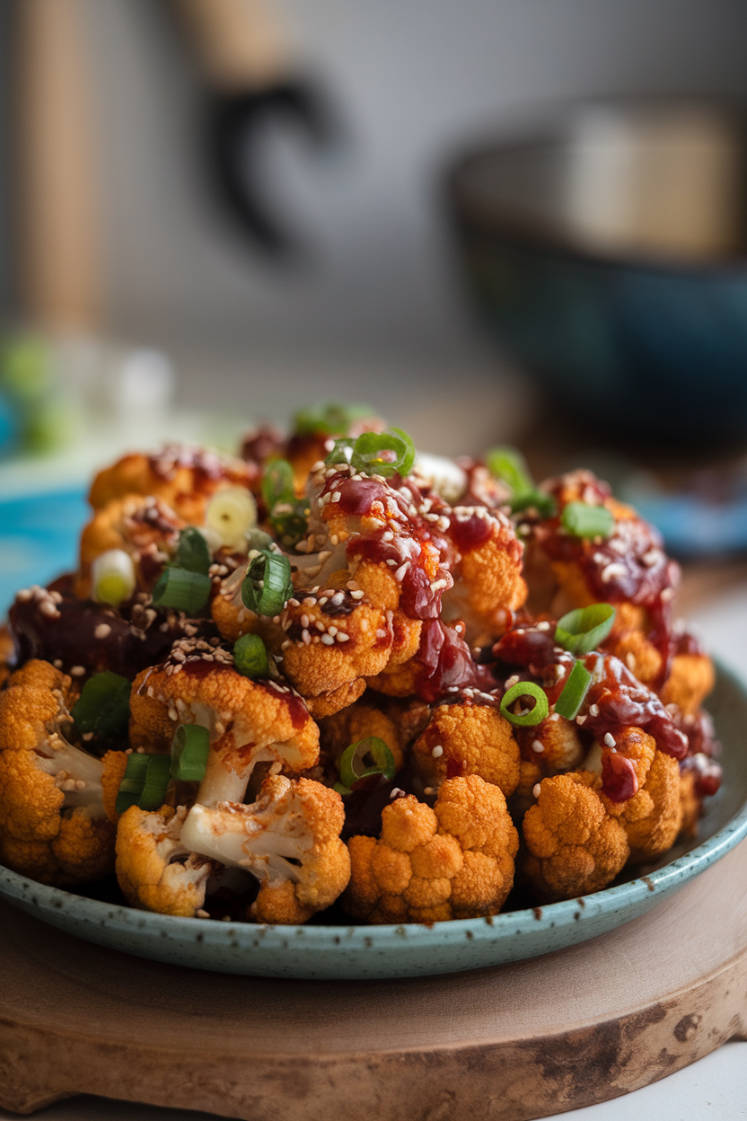 An indoor platter of crispy cauliflower florets coated in sticky gochujang glaze, sprinkled with sesame seeds and green onions. No text or logos anywhere.