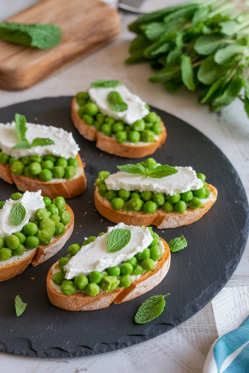 Indoor photo of crostini topped with mashed peas and ricotta, scattered with torn mint, on a slate plate. No logos or text present.