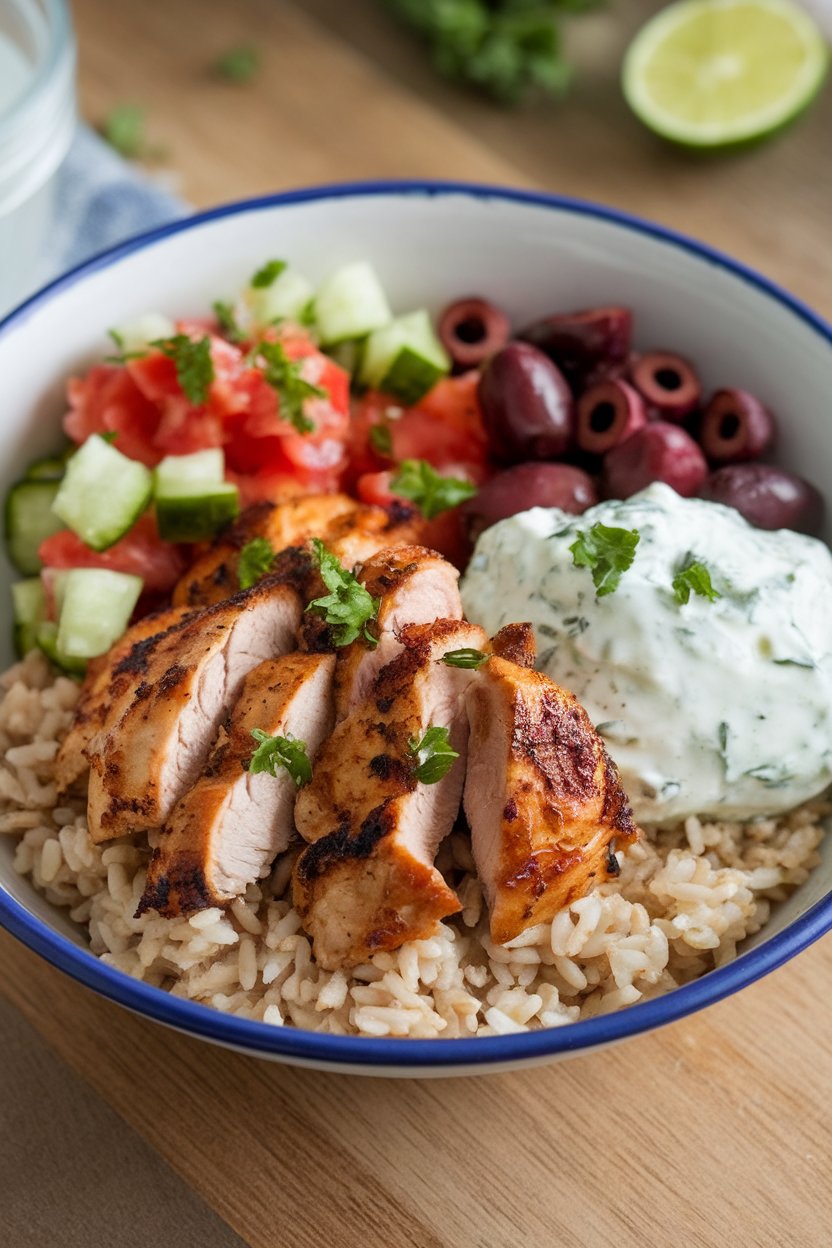 An indoor bowl featuring grilled chicken pieces, chopped cucumber-tomato salad, olives, and a scoop of tzatziki over brown rice. No text or logos.