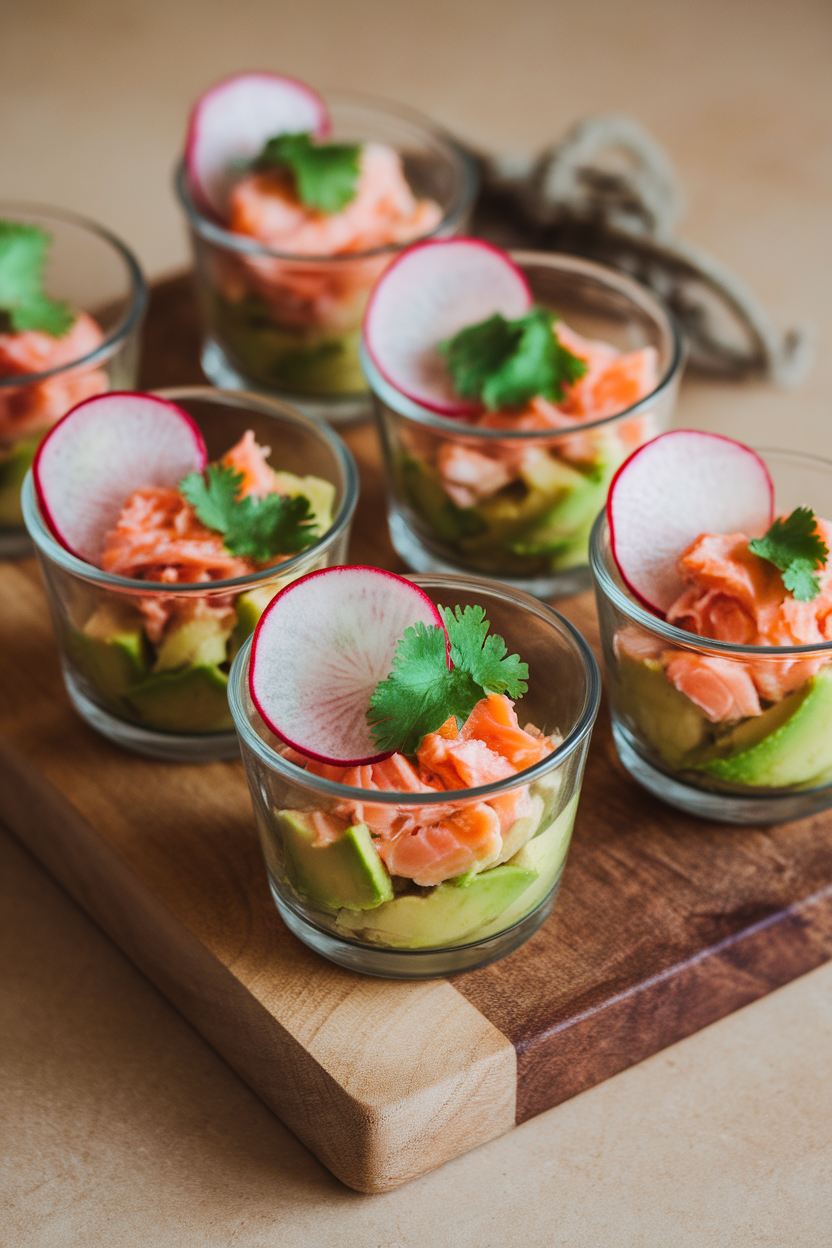 Indoor photo of small glass cups holding cooked flaky salmon mixed with avocado, lime, and cilantro, garnished with thin radish slices. No text or logos.