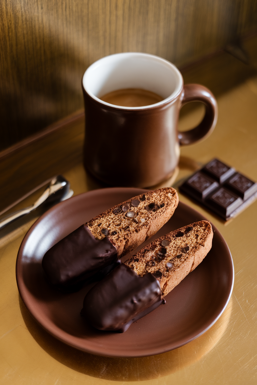 A mug and plate indoors with espresso biscotti half-dipped in dark chocolate, chocolate set and glossy. No text or logos.</Prompt