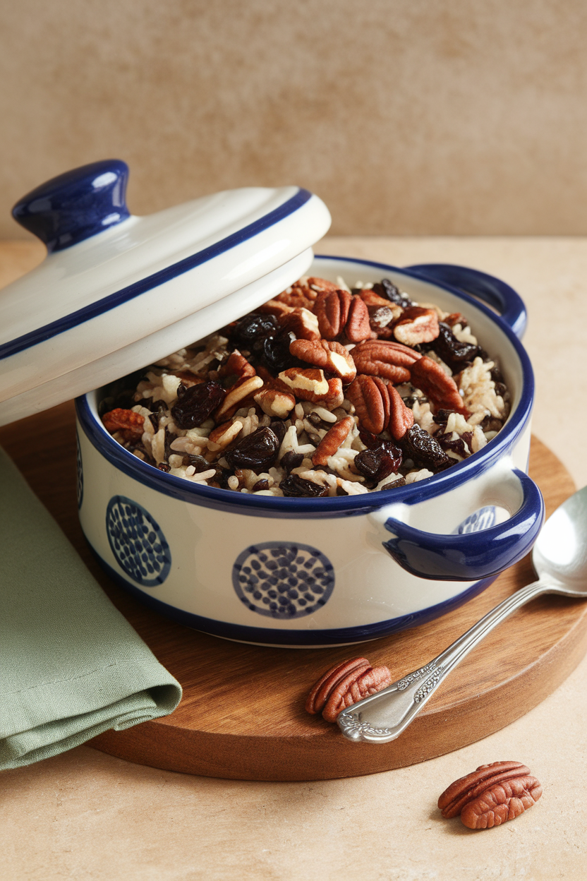 An indoor ceramic serving dish containing wild rice studded with dried cherries and chopped pecans. Photo, no text or logos.