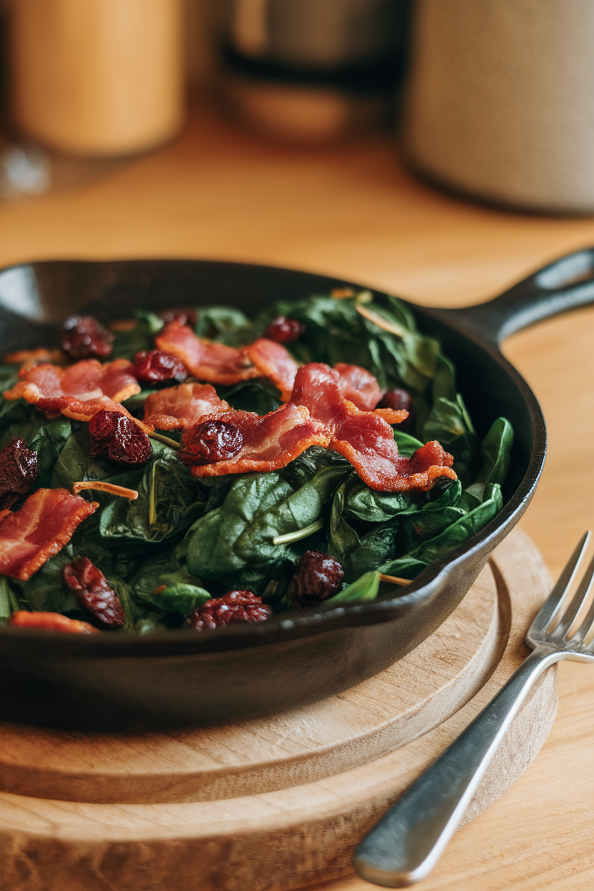 An indoor dining table with a cast-iron skillet of wilted spinach tossed with crispy bacon pieces and dried cranberries, light steam visible. No logos or text. Photo.