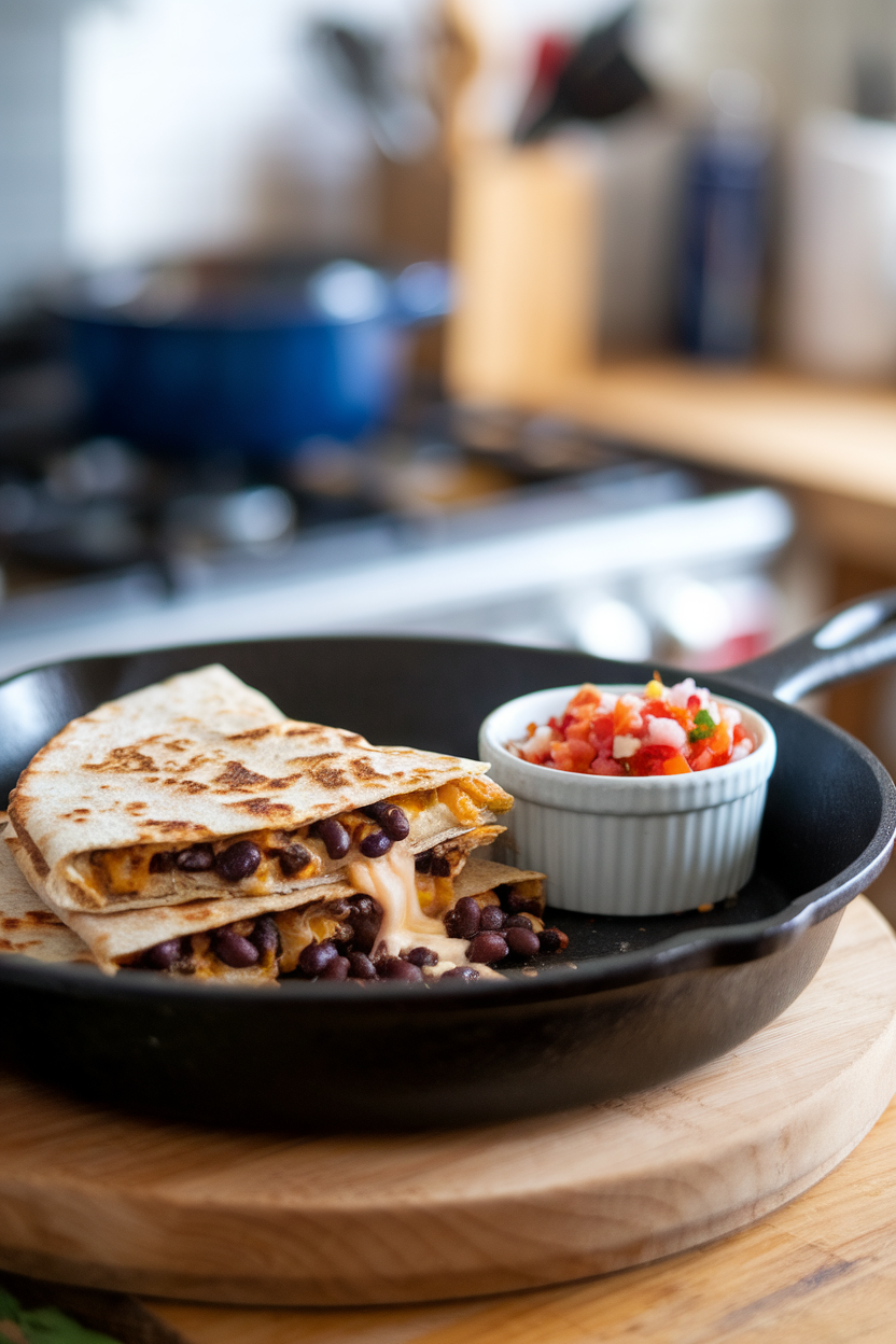 An indoor skillet scene with a folded whole-grain quesadilla oozing black beans and cheese, a small ramekin of fermented salsa on the side. No logos or text visible.