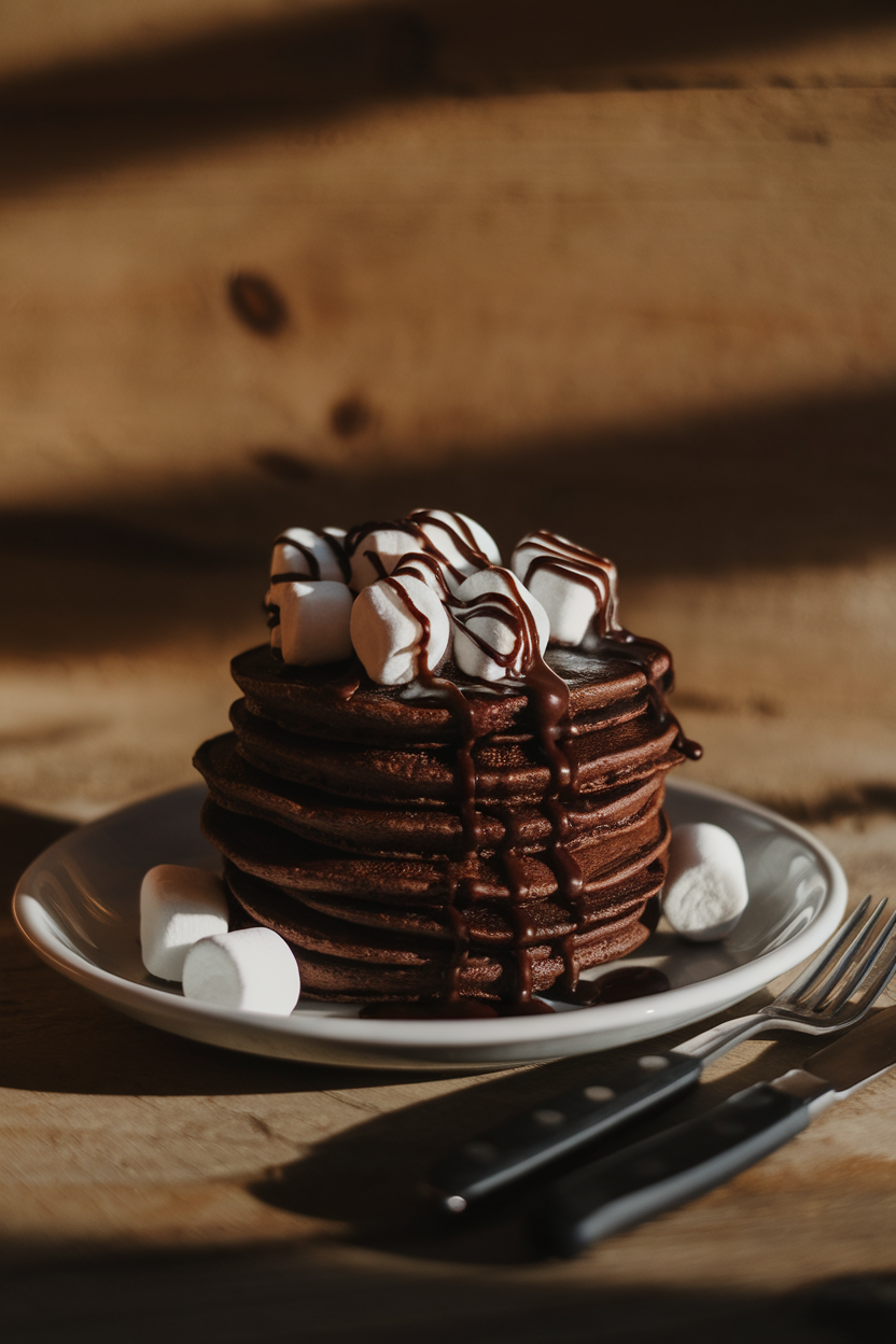 A stack of dark chocolate pancakes topped with mini marshmallows and a drizzle of chocolate sauce under indoor lighting. No text or logos. Photo, not illustration.