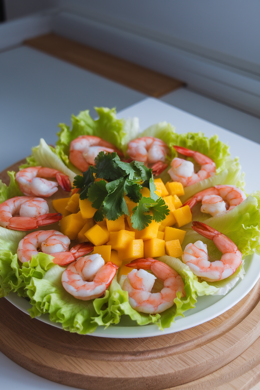 A photo of cooked shrimp nestled in butter lettuce leaves, topped with diced mango and cilantro, arranged on a white platter indoors. No text or logos appear; lighting is bright but natural.