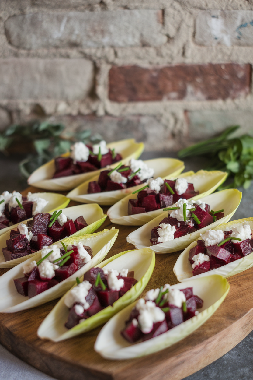 Indoor photo of endive spears filled with diced roasted beets and crumbled goat cheese, sprinkled with chives. No text or logos.