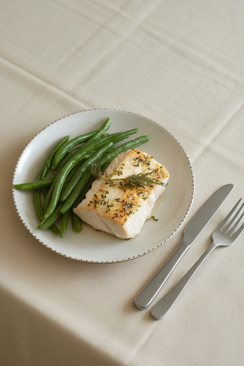 Indoor minimalist dining setup with a modest portion of herb-roasted cod and steamed green beans, no text or logos. Photo.