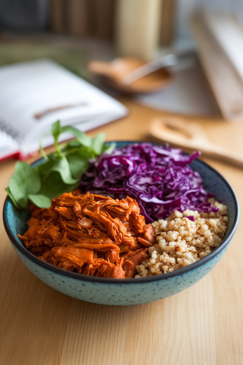 Indoor bowl with saucy pulled jackfruit, purple cabbage slaw, and quinoa, photographed from above. No text or logos.