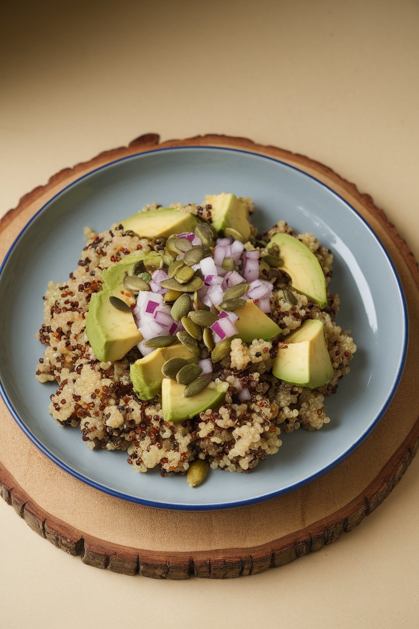 An indoor plate featuring tri-color quinoa, avocado chunks, pumpkin seeds, and diced red onion, drizzled with lime dressing. No text or logos; photo only.