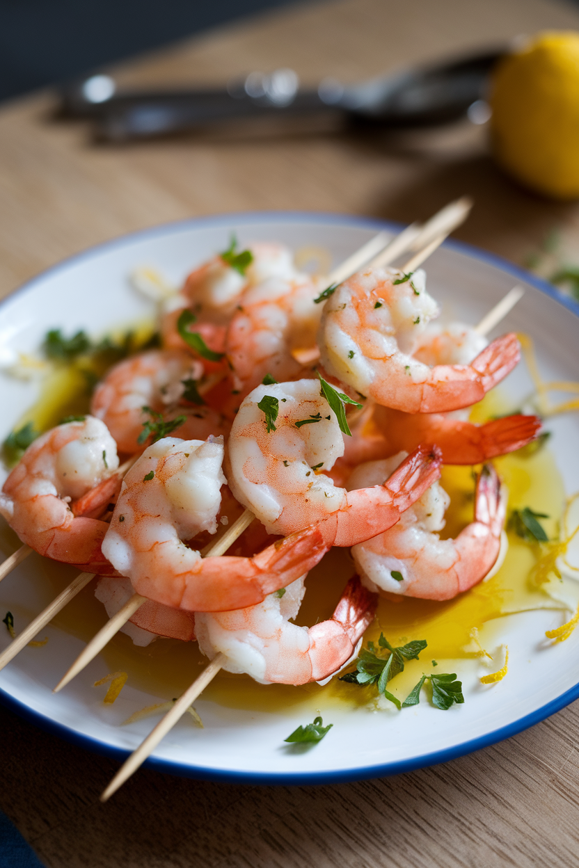 An indoor plate with cooked shrimp skewers glistening in olive oil, flecks of parsley and lemon zest visible; no text or logos.