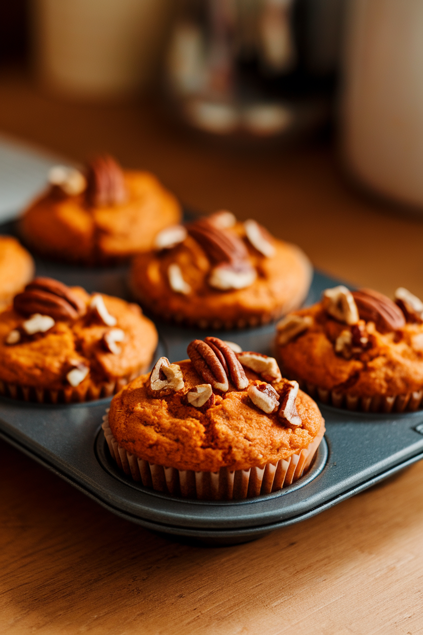 Indoor photo of sweet potato muffins crowned with chopped pecans in a muffin tin, warm kitchen lighting, no text or logos