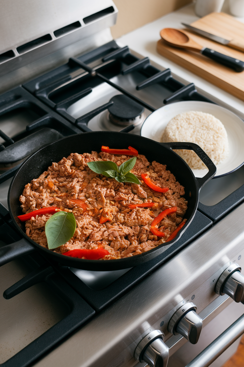 Indoor stovetop scene with a skillet of ground chicken cooked with Thai basil, red bell peppers, and chili flakes, served beside jasmine rice. No logos or text anywhere.