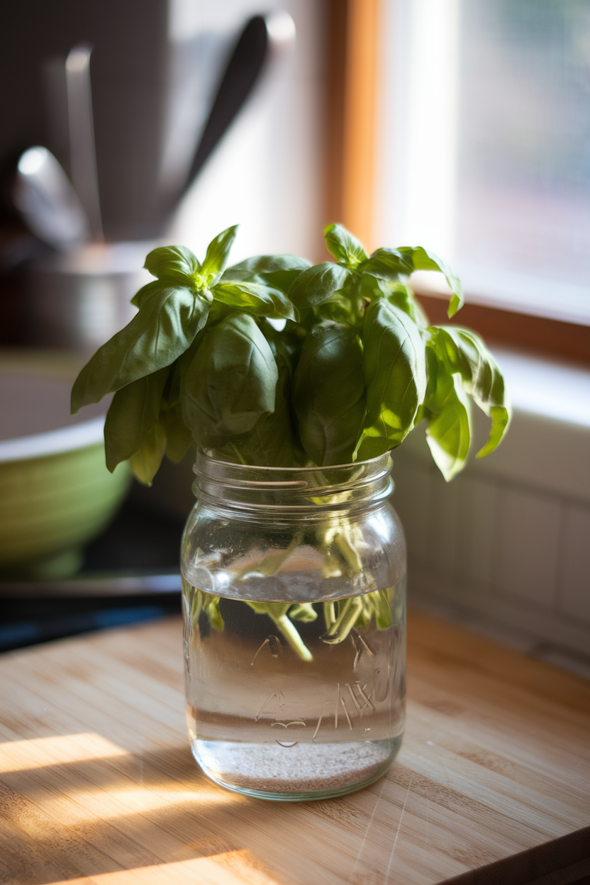 Indoor small bouquet of basil leaves in a glass of water on a countertop, sunlight streaming through a nearby window; no text or logos. Photo.