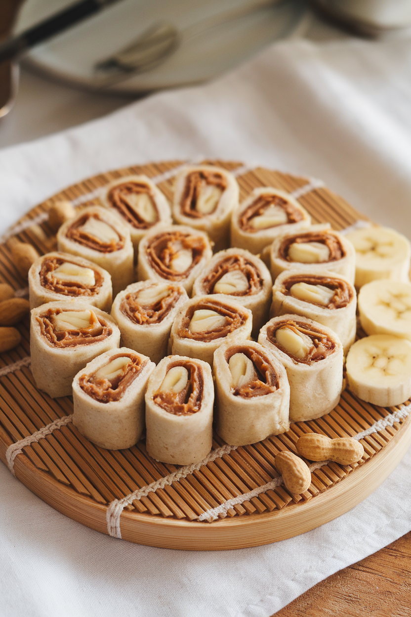 An indoor bamboo board showing tortilla rolls filled with peanut butter and banana, sliced into “sushi” pieces. Photo, no text or logos.