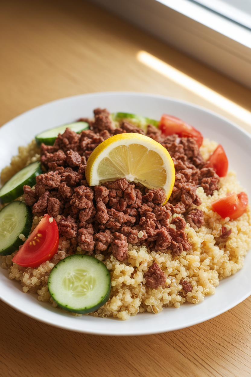 Brightly lit indoor plate of quinoa mixed with cucumbers, tomatoes, cooked crumbled beef, and a squeeze of lemon—no text or logos.