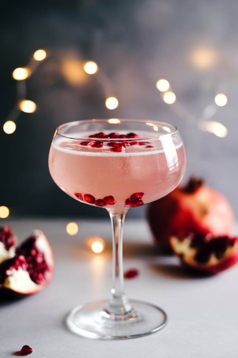 Indoor photo of a coupe glass with light blush pomegranate bellini, pomegranate arils floating on top; subtle party lights in background; no text or logos.