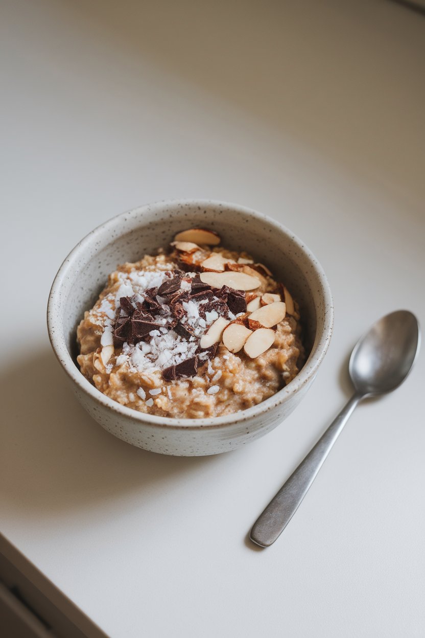 Indoor countertop with oatmeal sprinkled with shredded coconut, dark chocolate shavings, and sliced almonds. No text or logos. Photo.