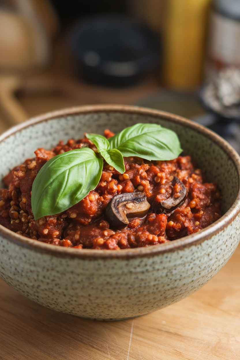 Indoor photo of chunky portobello chili with red quinoa grains, basil leaf garnish; no text or logos.