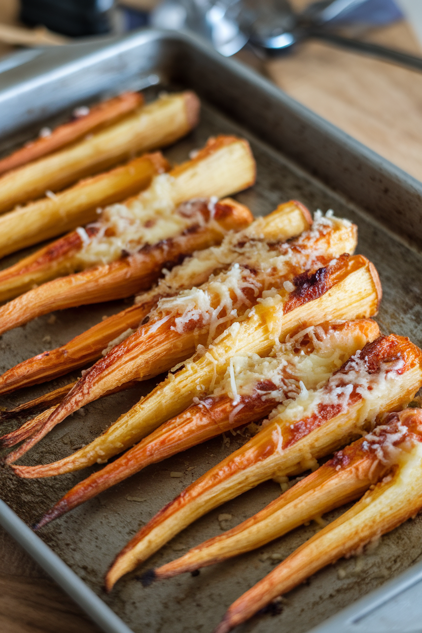 An indoor baking tray of roasted parsnip spears coated in melted Parmesan, photo, no text or logos.