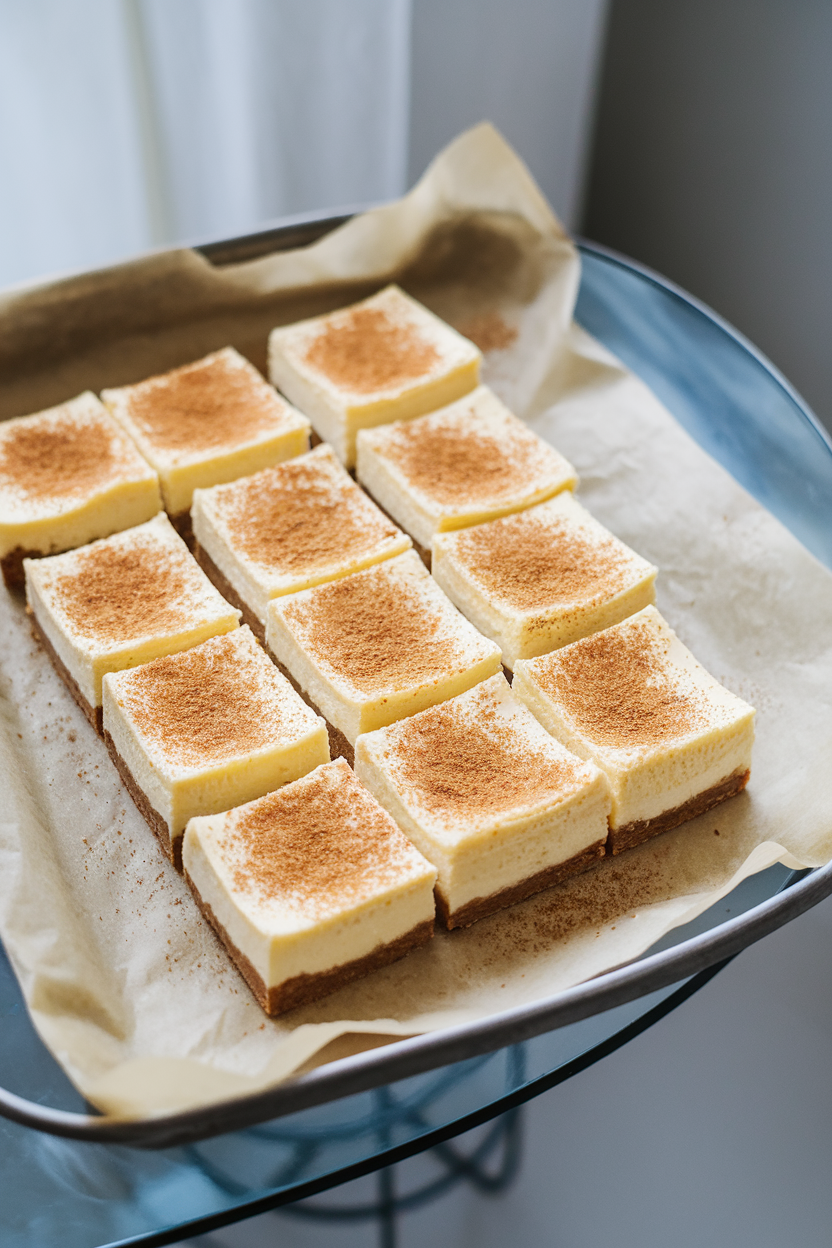 Indoor dessert tray with square cheesecake bars topped with a dusting of nutmeg, parchment underneath. No text or logos. Photo only.