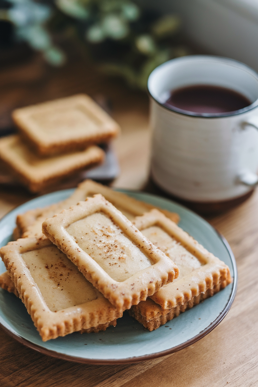 Indoor plate of rectangular chai-spiced shortbread cookies, flecks of spice visible, served beside a mug of tea; no text or logos. Photo, not illustration.
