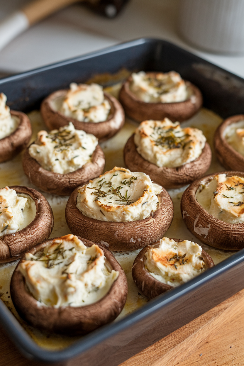 An indoor baking dish filled with cremini mushroom caps bubbling with creamy herbed goat cheese filling—photo, no text or logos.