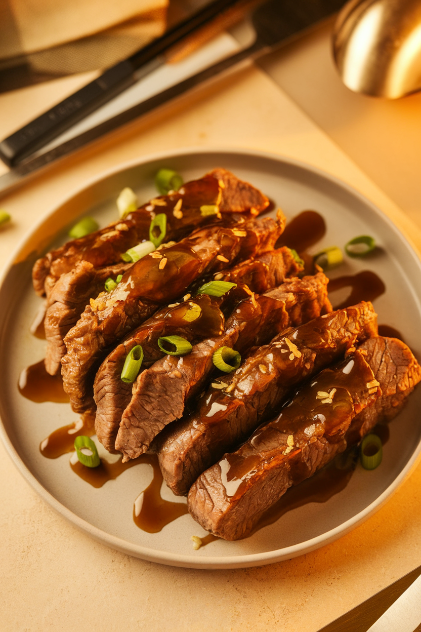 Indoor photo of cooked beef strips coated in ginger garlic glaze on a plate; no text or logos