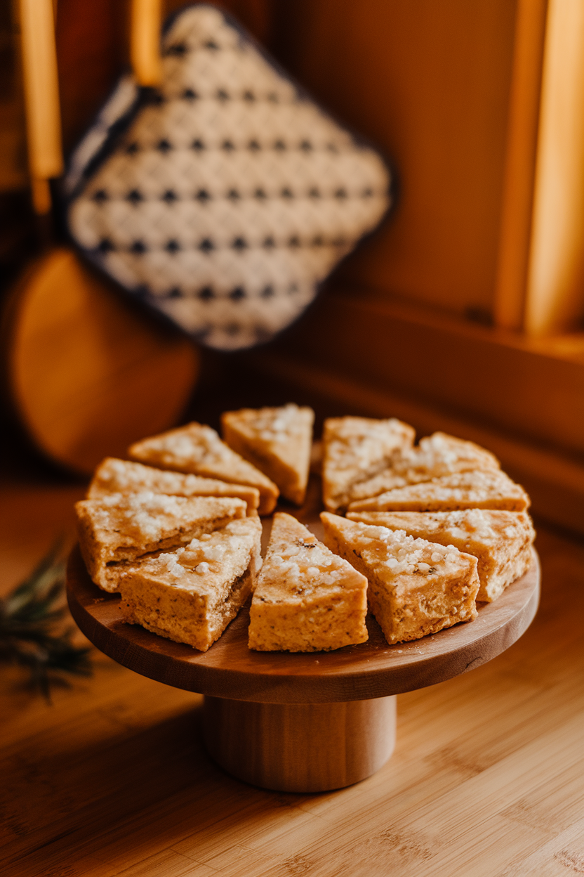 A small indoor breadboard displaying wedge-shaped rosemary parmesan shortbread crackers, flaky sea salt visible on top, warm kitchen lighting. No text or logos, photo only.