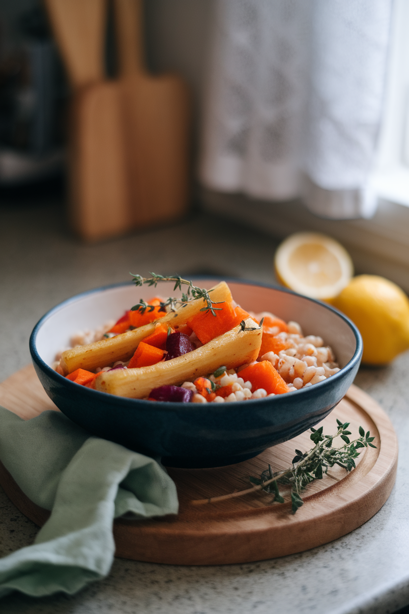 Photo of an indoor countertop showing a hearty bowl of roasted parsnips, carrots, and red onion over pearl barley, garnished with thyme. No text or logos.