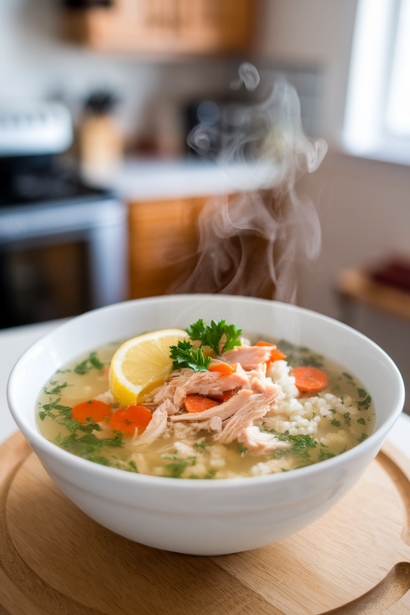Indoor soup bowl with clear broth, shredded chicken, cauliflower rice, carrots, and herbs, steam rising gently. No text or logos. Photo, not illustration.