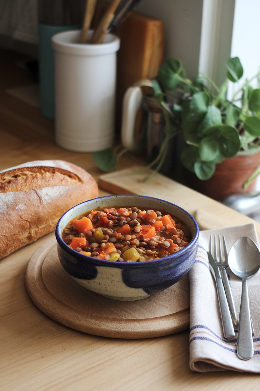 A cozy indoor kitchen table featuring a colorful lentil vegetable stew in a ceramic bowl with steam rising. No logos or text. Photo.