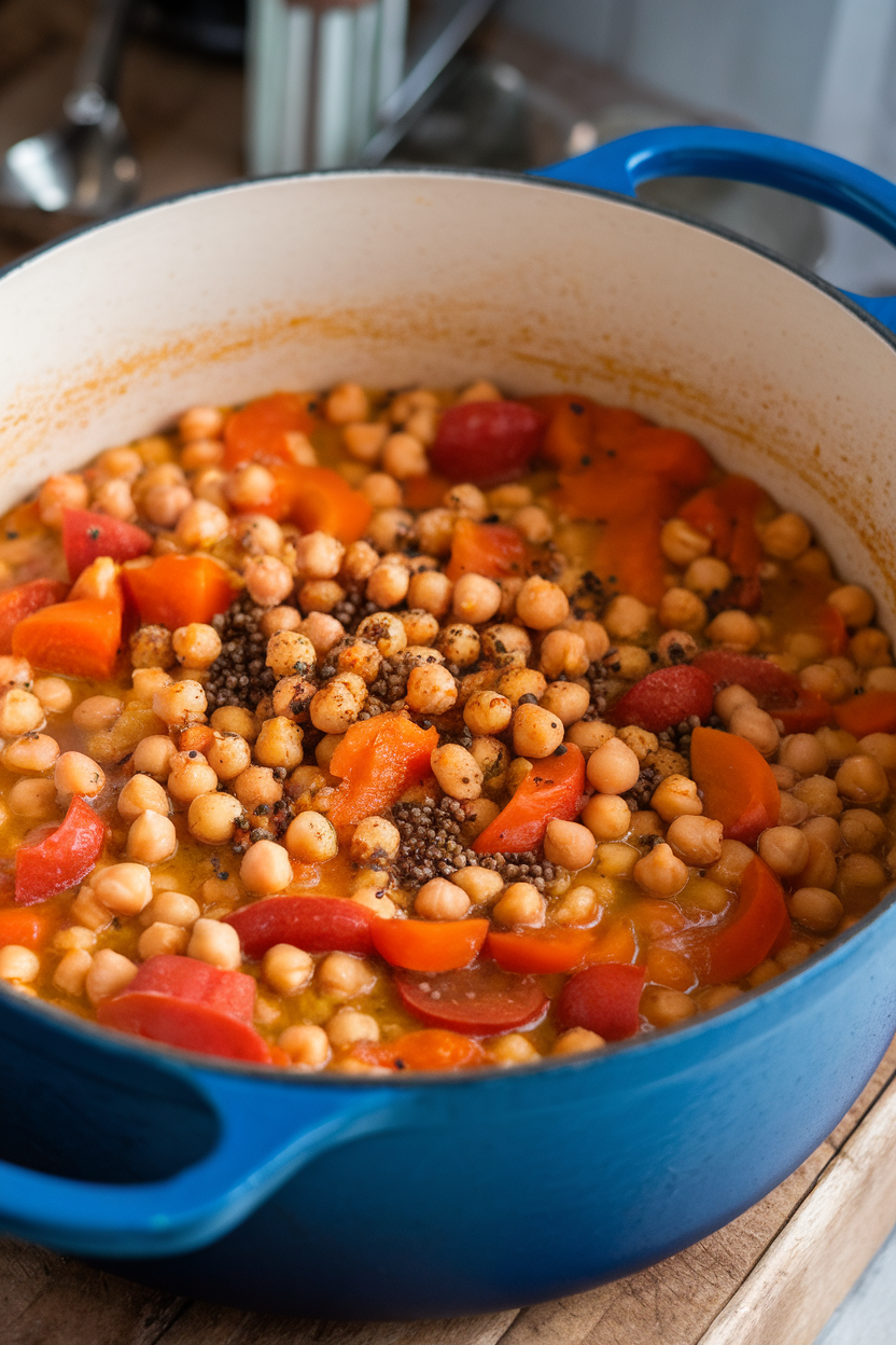An indoor photo of a Dutch oven filled with vibrant chickpea stew featuring carrots, tomatoes, and apricots, spices visible on top. No text or logos.