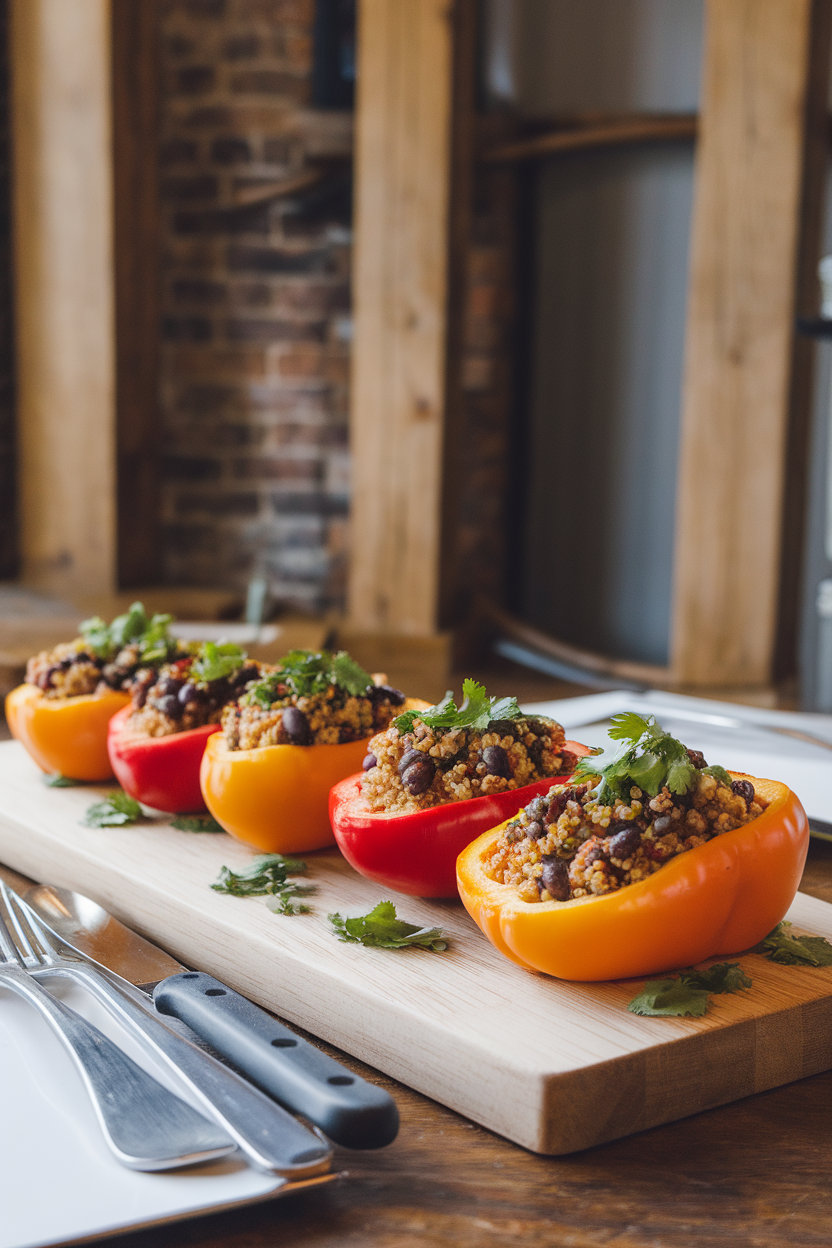 An indoor dining table with halved bell peppers filled with colorful quinoa and black beans, topped with a sprinkle of chopped cilantro. Photo, no text or logos.